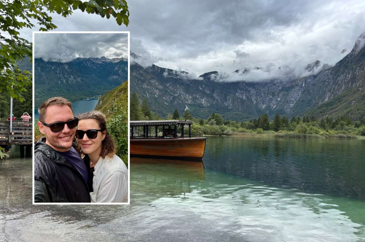 a collage photo of a tourist boat on Lake Bohinj under low clouds with an inset of two tourists at a viewpoint above the lake, Slovenia, photo by Next Level of Travel