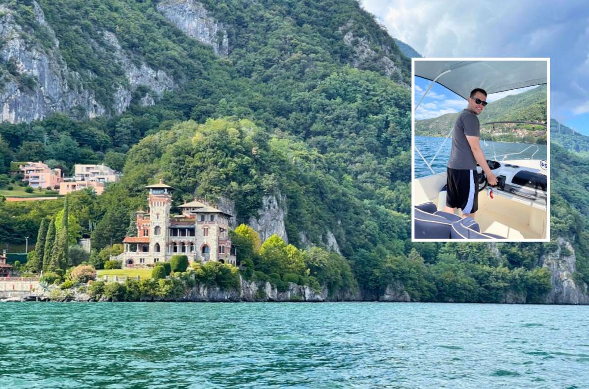 a collage photo of Villa La Gaeta on the shore of Lake Como with an inset of a tourist steering a rented motorboat, San Siro, Italy, photo by Next Level of Travel