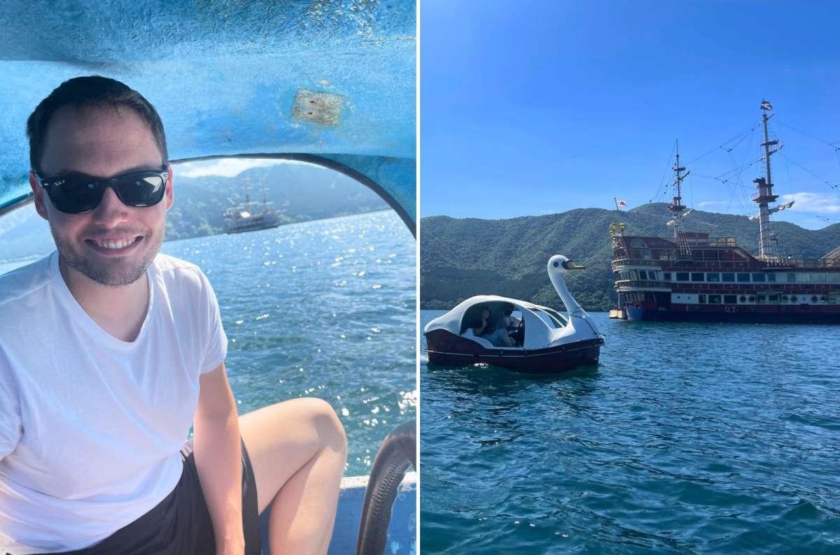 a diptych photo of a tourist inside a swan pedal boat on the left and a swan pedal boat next to a pirate ship on the right, Lake Ashi, Hakone, Japan, photo by Next Level of Travel
