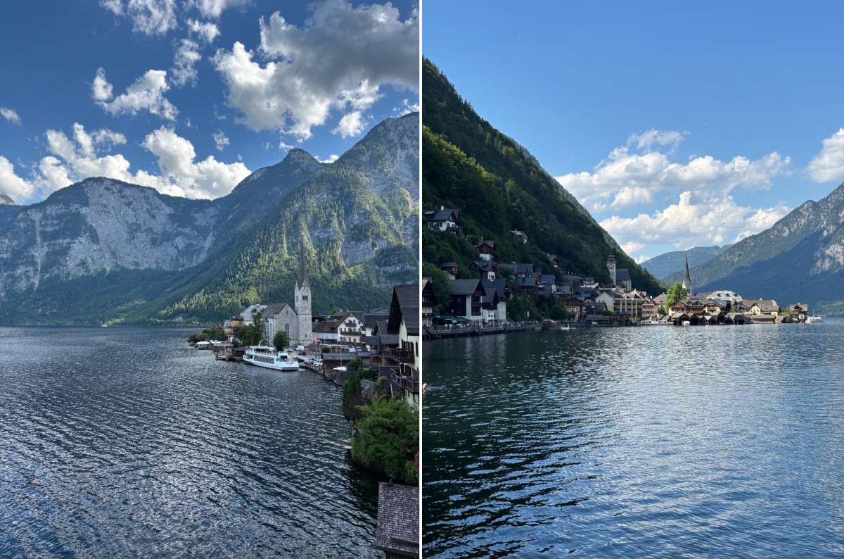 a diptych photo of Hallstatt from the lakeside viewpoint on the left and from a boat on Hallstätter See on the right, Austria, photo by Next Level of Travel