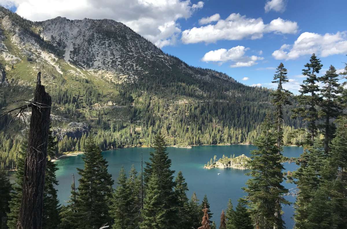 a photo of Emerald Bay and Fannette Island on Lake Tahoe seen from above through pine trees, California, USA, photo by Next Level of Travel
