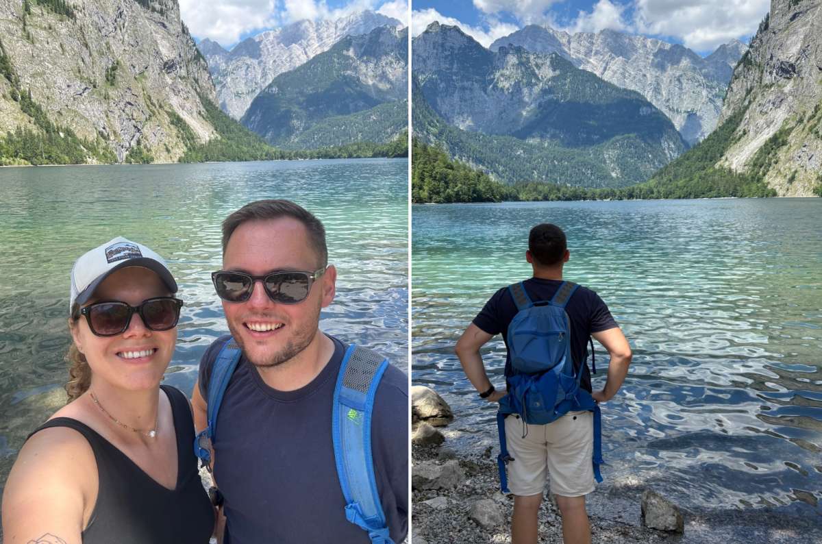 photo of two tourists taking a selfie at Obersee on the left and a tourist looking across Obersee on the right, Berchtesgaden National Park, Germany, photo by Next Level of Travel