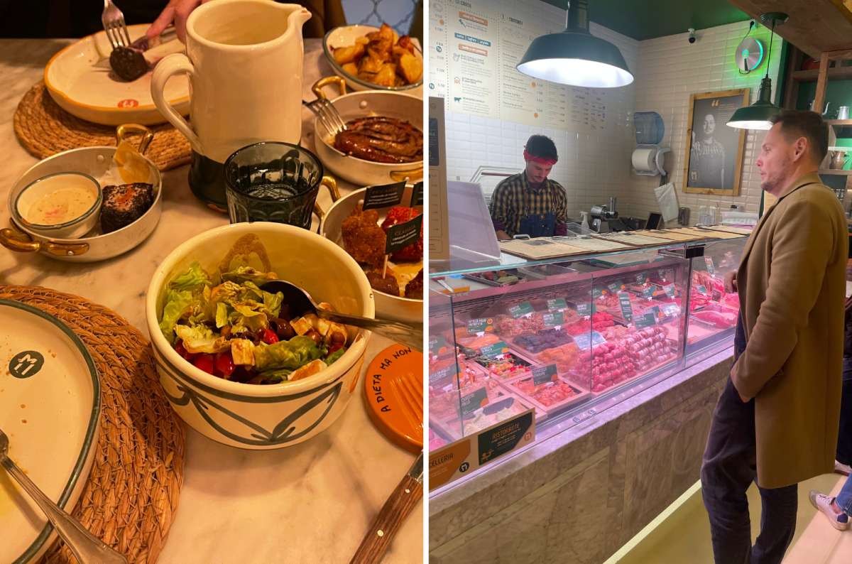 a collage photo of a trattoria table full of small plates and salad on the left and a tourist at a deli counter full of cured meats on the right, Modena, Italy, photo by Next Level of Travel