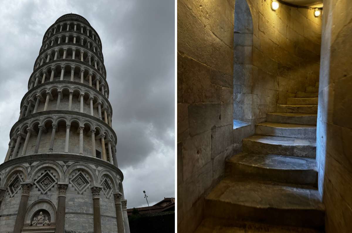 a collage photo of the Leaning Tower of Pisa under a stormy sky on the left and the worn marble spiral staircase inside the tower on the right, Pisa, Italy, photo by Next Level of Travel