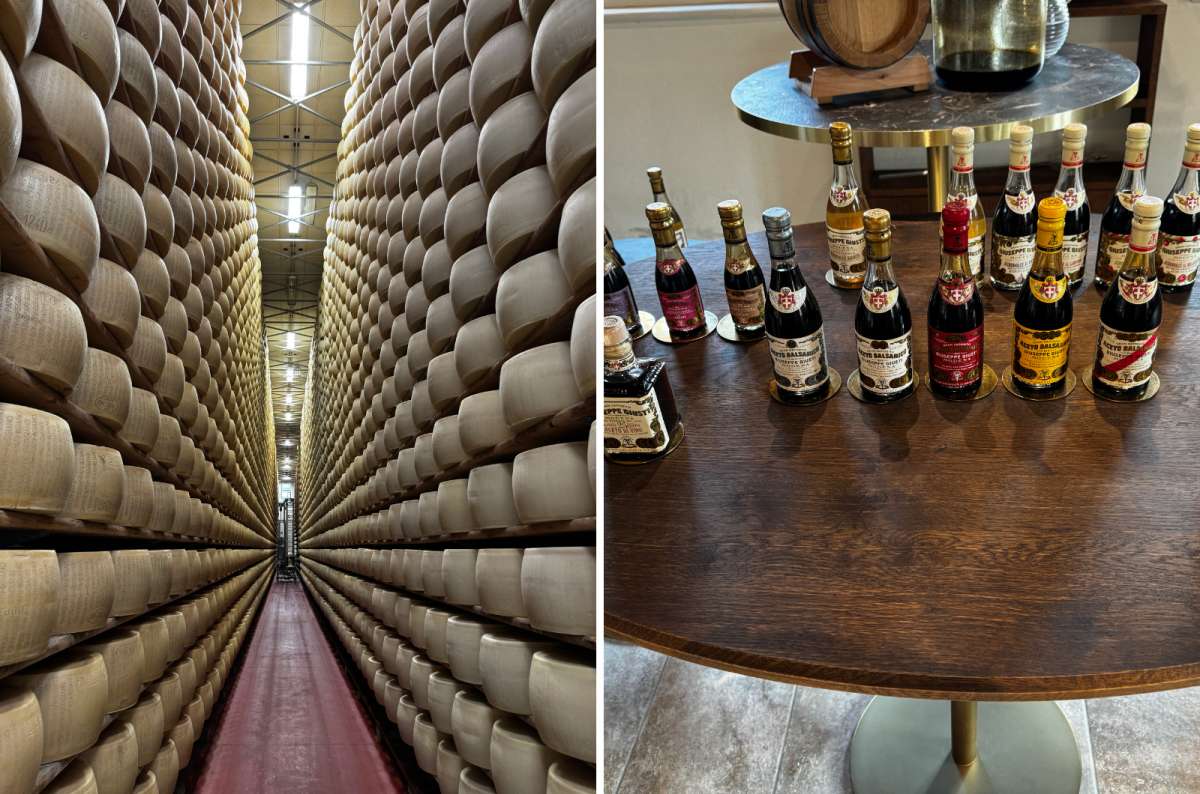 a collage photo of wheels of Parmigiano Reggiano aging on shelves and bottles of traditional balsamic vinegar on a tasting table, Modena, Italy, photo by Next Level of Travel