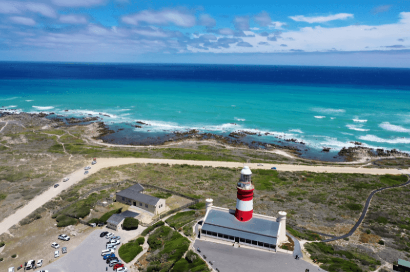 Cape Agulhas coastline with lighthouse.