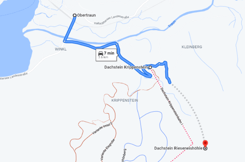 Map of the road from Obertraun to Krippenstein 