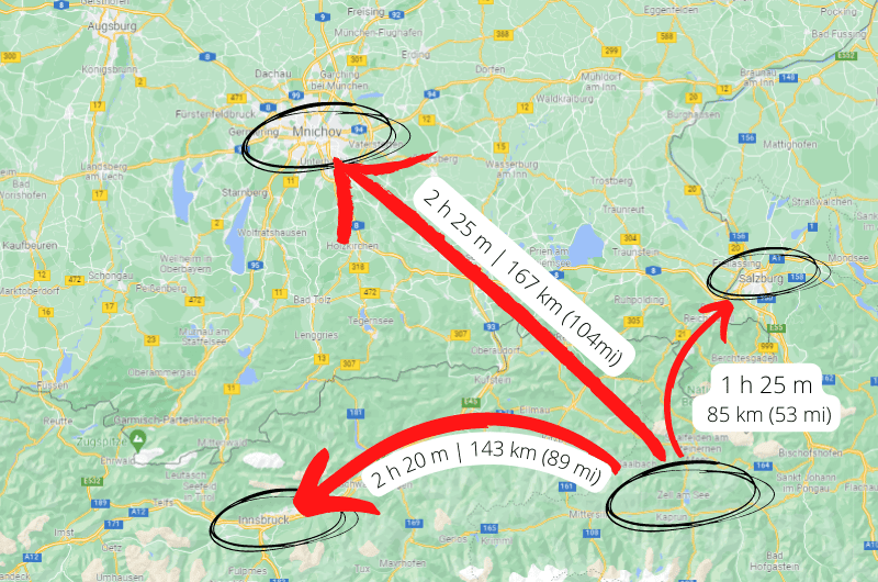 Travel Map, Zell am See, Salzburg, Innsbruck, Munich 