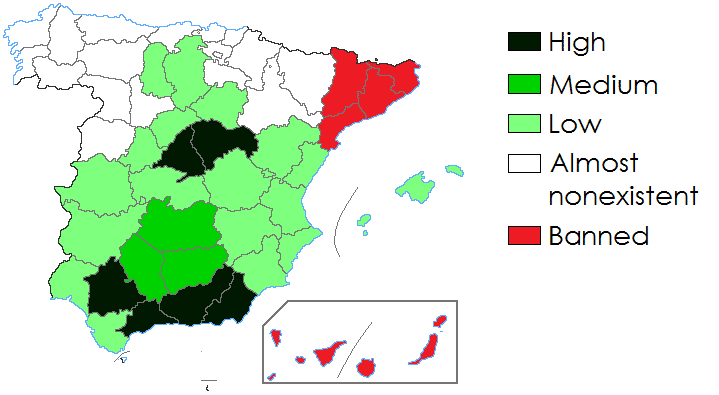 Prevalence of bullfighting in individual Spanish regions: map