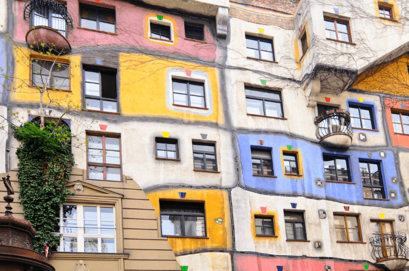 The colorful façade of the Hundertwasser House in Vienna, Austria