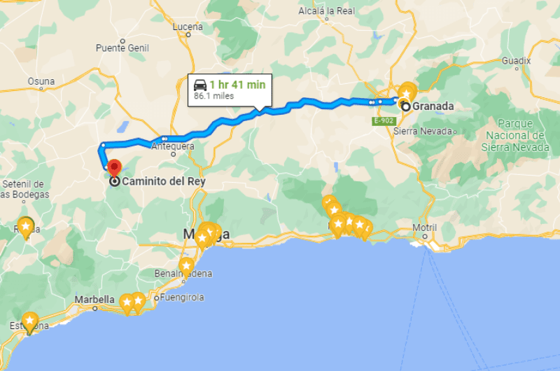Map of day trip from Granada to Caminito del Rey