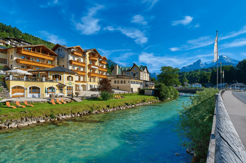 Hotel Grunberger sits right by the river in Berchtesgaden Germany 