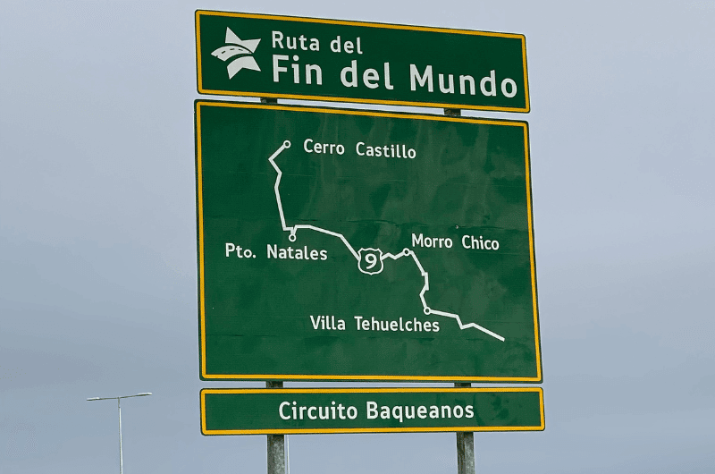 Traveling in Chile, driving, road sign, Puerto Natales