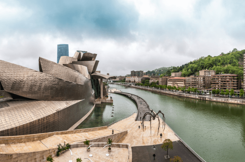 The Guggenheim Museum in Bilbao with spider statue, the best museum in Spain