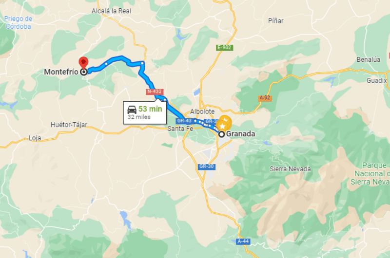 Map of trip from Granada to Montefrío