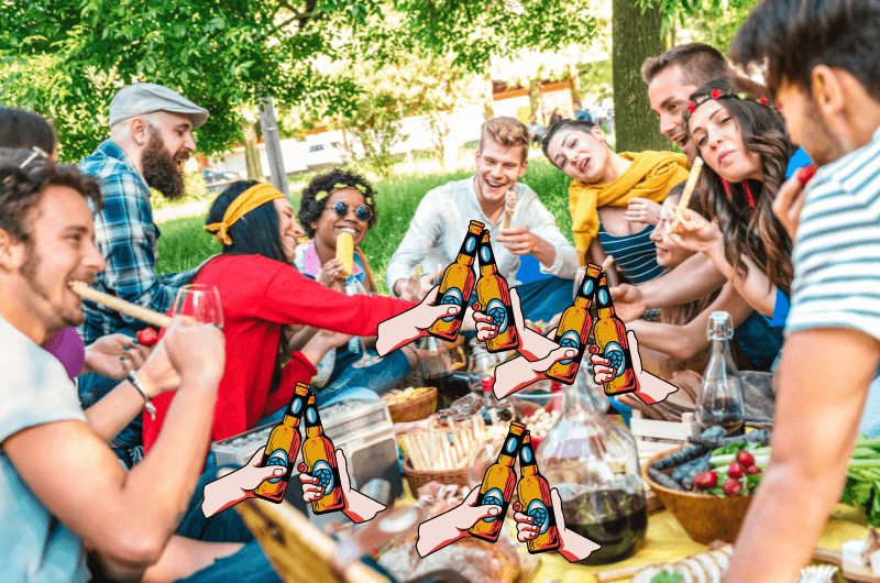 Large picnic with friends and beer