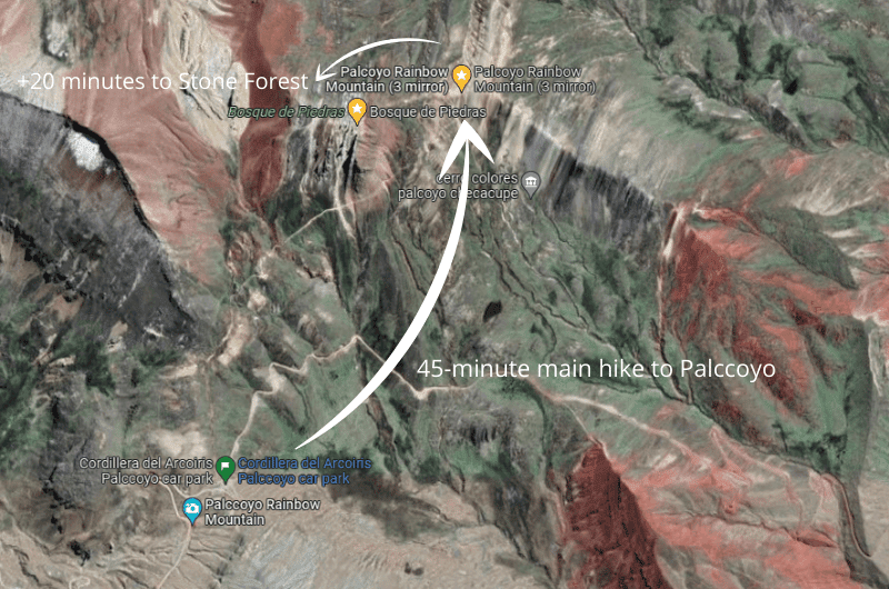 Map of route to Palccoyo Mountain, a Rainbow Mountain in Peru 
