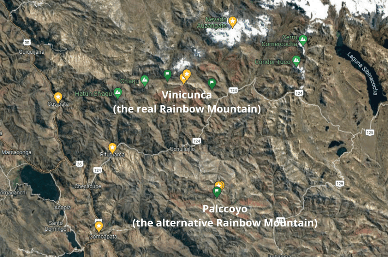 Map of the different rainbow mountains in Peru