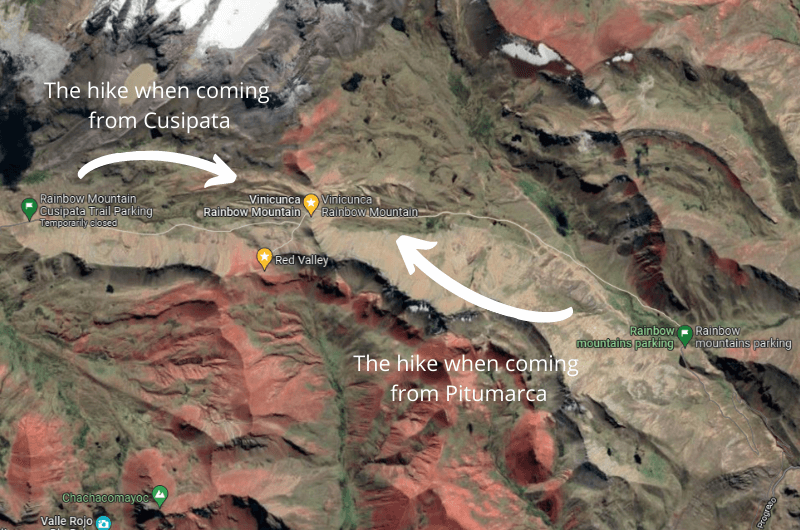 Map of the two main routes to Rainbow Mountain Peru