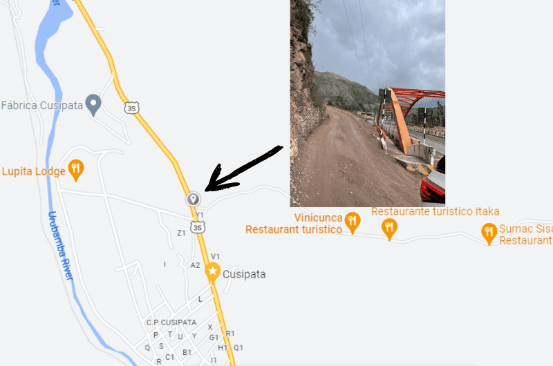 Map showing route to Rainbow Mountain from Cusipata Peru