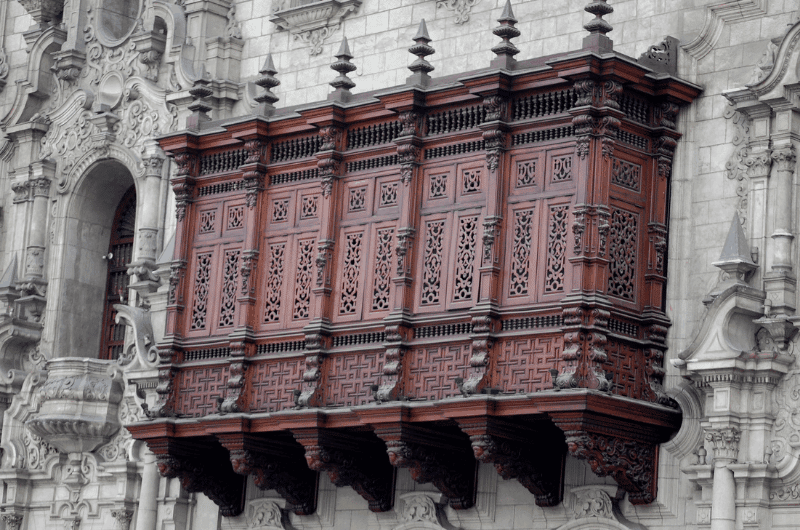 The box balconies of the buildings on Plaza de Armas in Lima Peru 