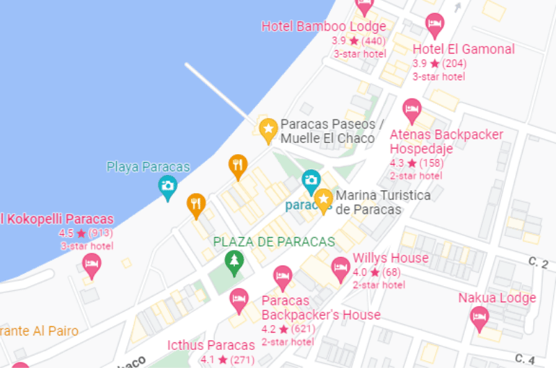 Map showing the El Chaco pier in Paracas, departure point of Islas Ballestas tours