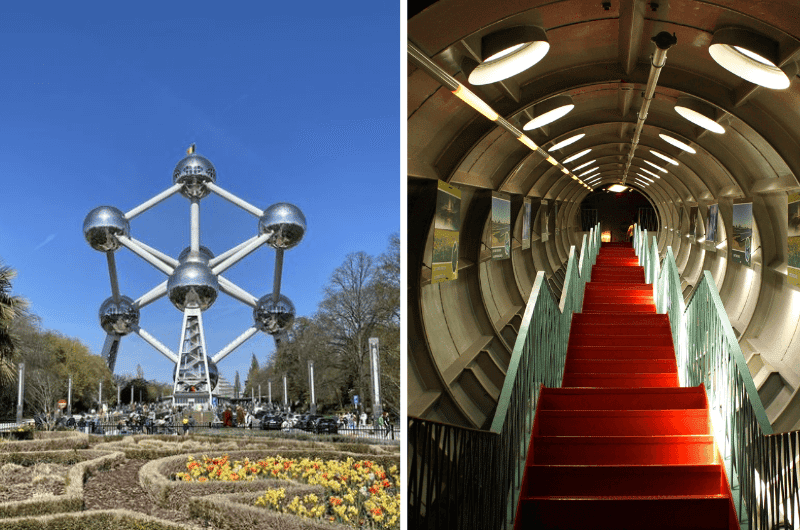 The exterior and interior (stairs) of the Atomium in Brussels 