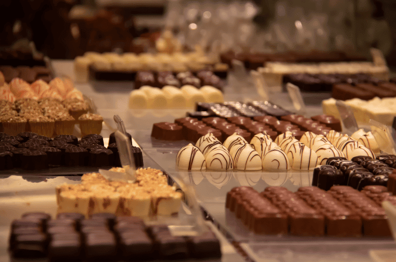 A display of different Belgian pralines
