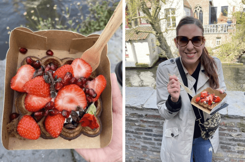Eating waffles with strawberries in Belgium, our favorite food in Belgium 