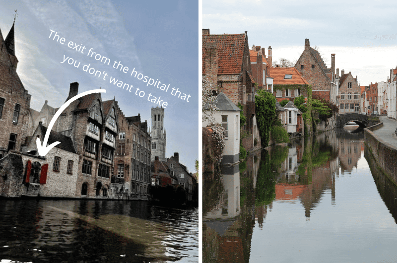Sceneries from the boat canal tour of Bruges, including the back door of the hospital