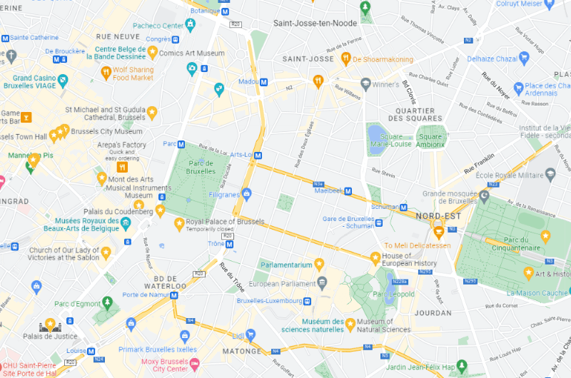 Map of central Brussels showing the top things to do in the city center 