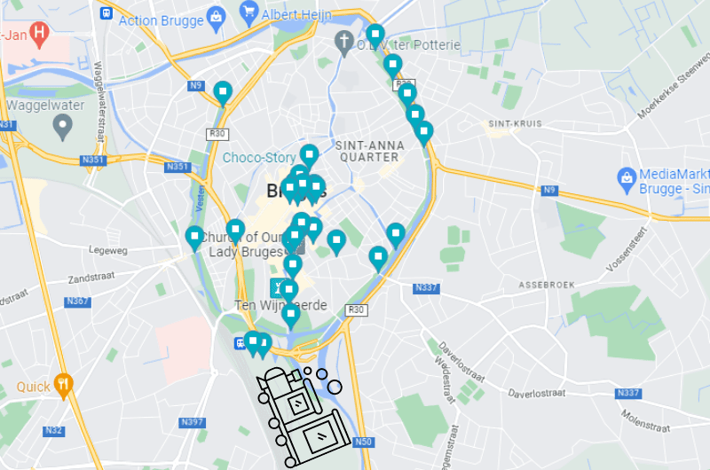 Map showing the Bruges city center 
