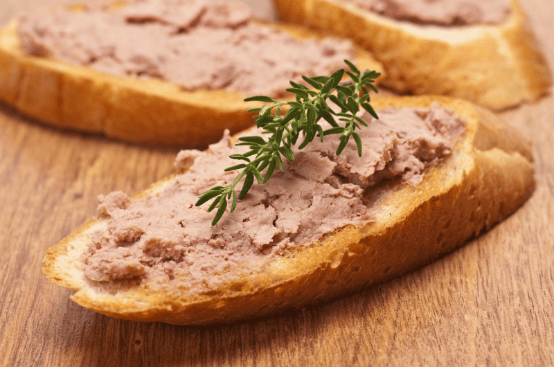 Paté on a piece of toasted bread, food in Belgium 