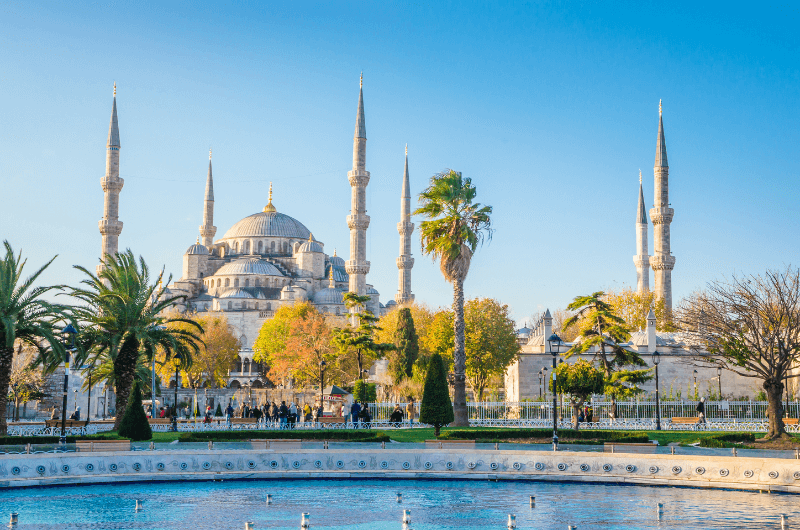 The Blue Mosque in Istanbul with a fountain in the foreground 