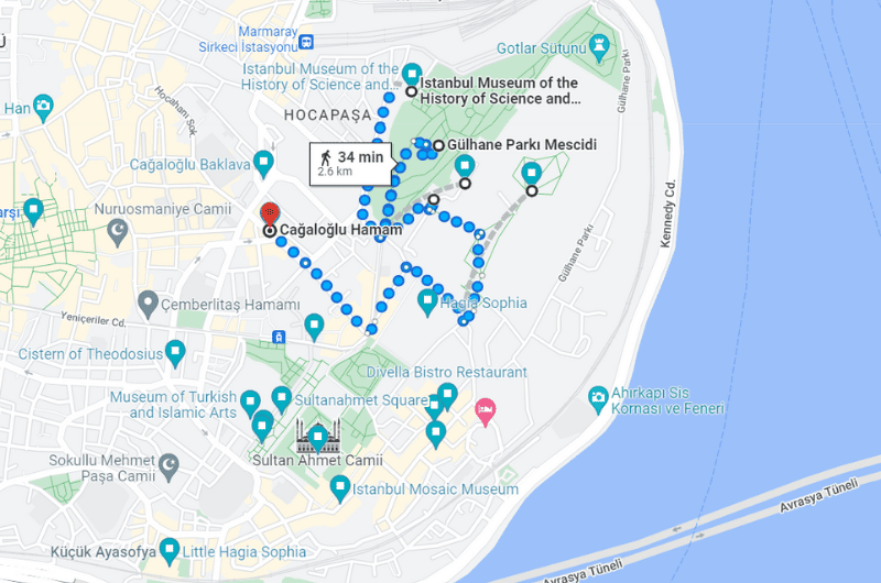 Map of day 2 of 3 days in Istanbul itinerary (Sultanahmet with Topkapi Palace) 