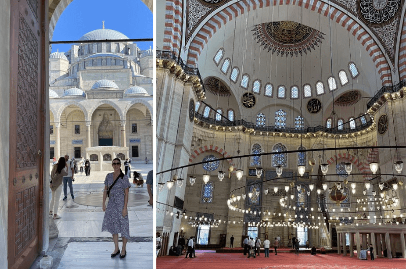 The exterior and interior of the Suleymaniye Mosque in Istanbul