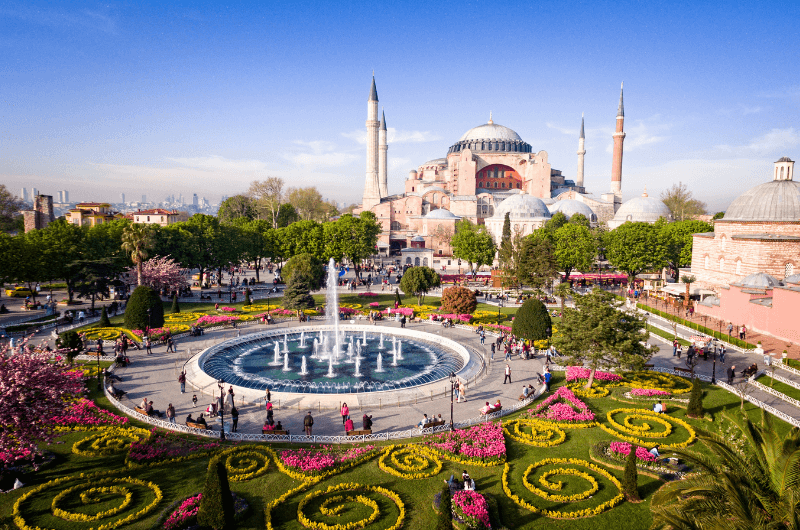 Sultanahmet neighborhood in Isanbul, Hagia Sophia and fountain