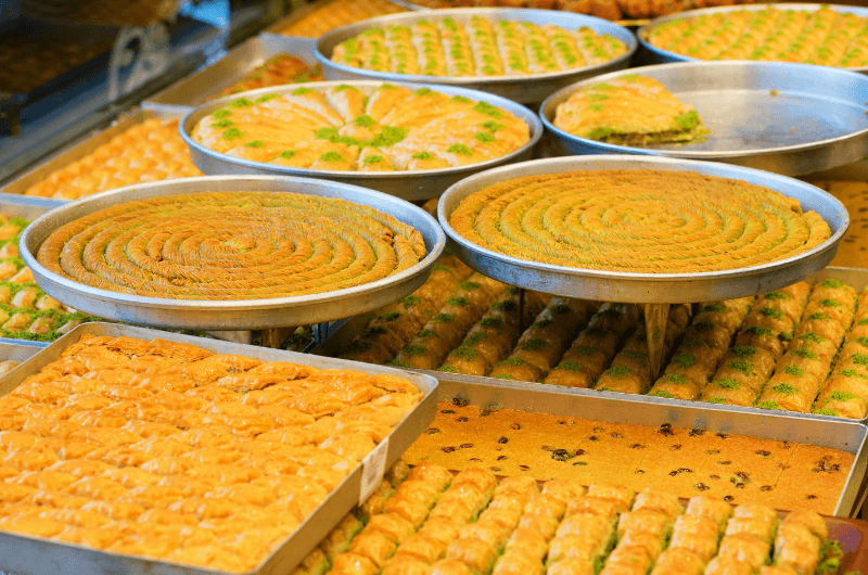 Many varieties of baklava in a pastry shop in Istanbul 