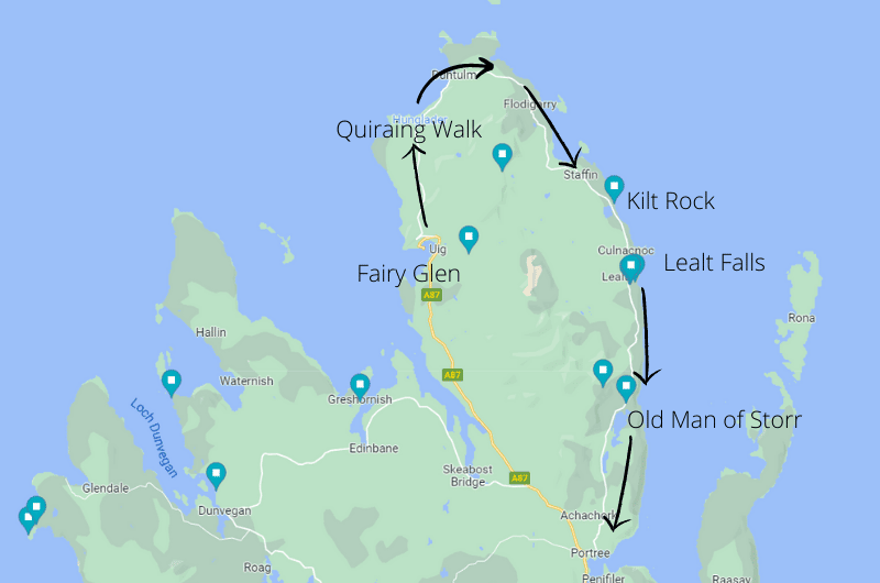 Map of scenic drive on Isle of Skye 