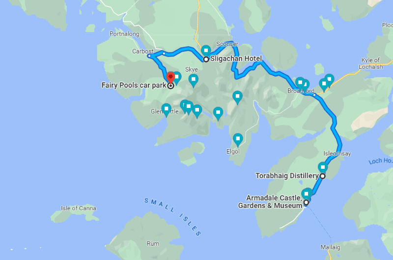 Map of the stops on day 2 of Isle of Skye itinerary