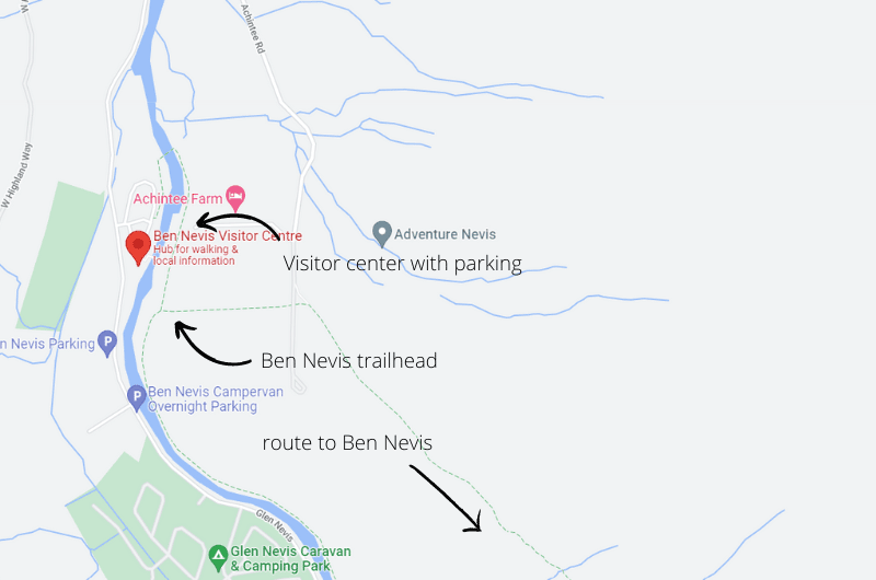 Map showing Ben Nevis visitor center and trailhead