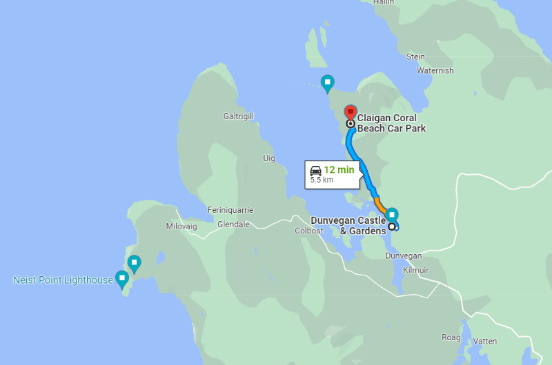 Map of the drive from Dunvegan Castle to Coral Beach parking lot, Scotland