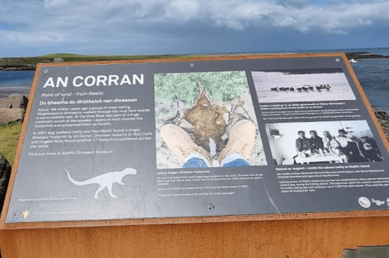 The sign about dinosaur footprints at An Corran Beach on Isle of Skye 