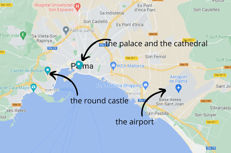 A map showing the places to visit in Palma de Mallorca