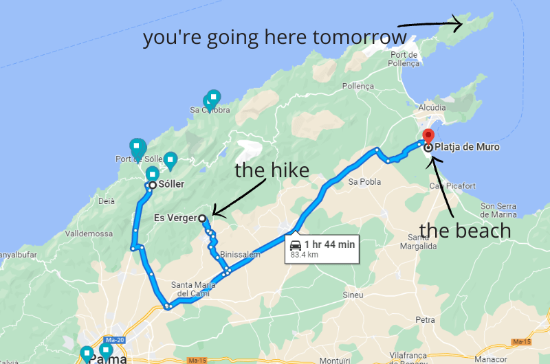 A map showing the route from Soller to Muro Beach
