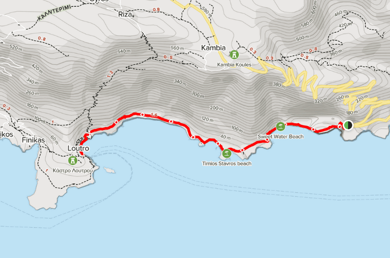 Map of Glyka Nera Beach - Timios Stavros chapel – Loutro hike