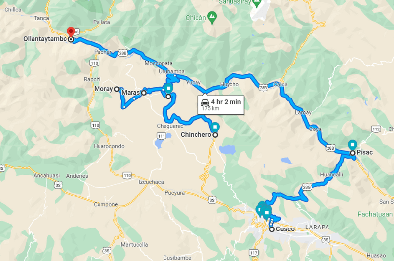 Map of day 3 of Cusco itinerary, drive through Sacred Valley
