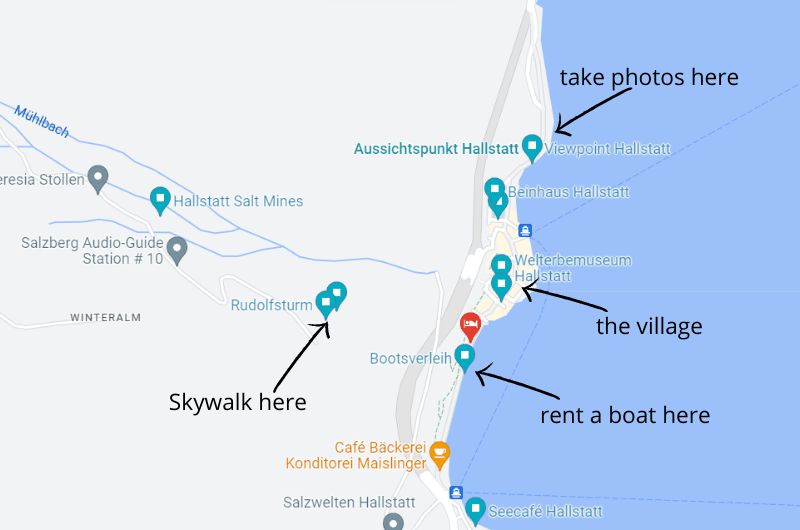 Map showing highlights of Hallstatt, Austria 
