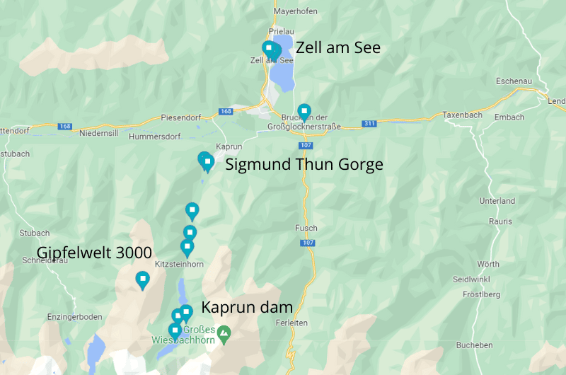 Map showing points of interest around Kaprun, Austria itinerary 