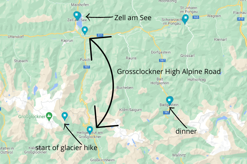 Map showing points of interest on Grossglockner itinerary Austria